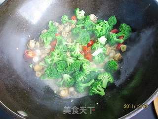 西兰花炒贝丁的做法步骤:5