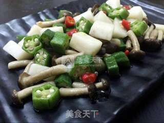 秋葵山药炒蟹味菇的做法步骤：10
